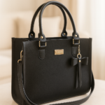 Bolso negro sintético Tahima con placa dorada, dos asas de mano, lazo decorativo y correa larga ajustable sobre mesa clara.