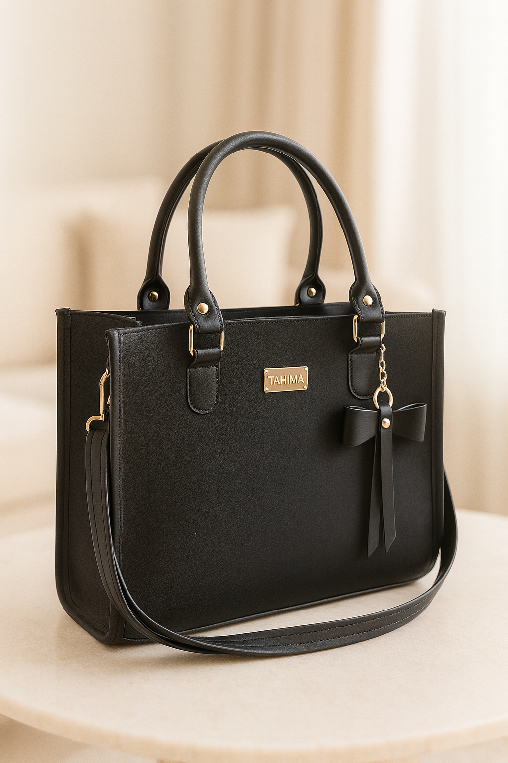 Bolso negro sintético Tahima con placa dorada, dos asas de mano, lazo decorativo y correa larga ajustable sobre mesa clara.