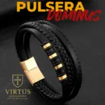 Pulsera de cuero negro trenzado y liso con detalles en acero dorado y cierre imantado, modelo Dominus, sobre fondo oscuro texturizado.