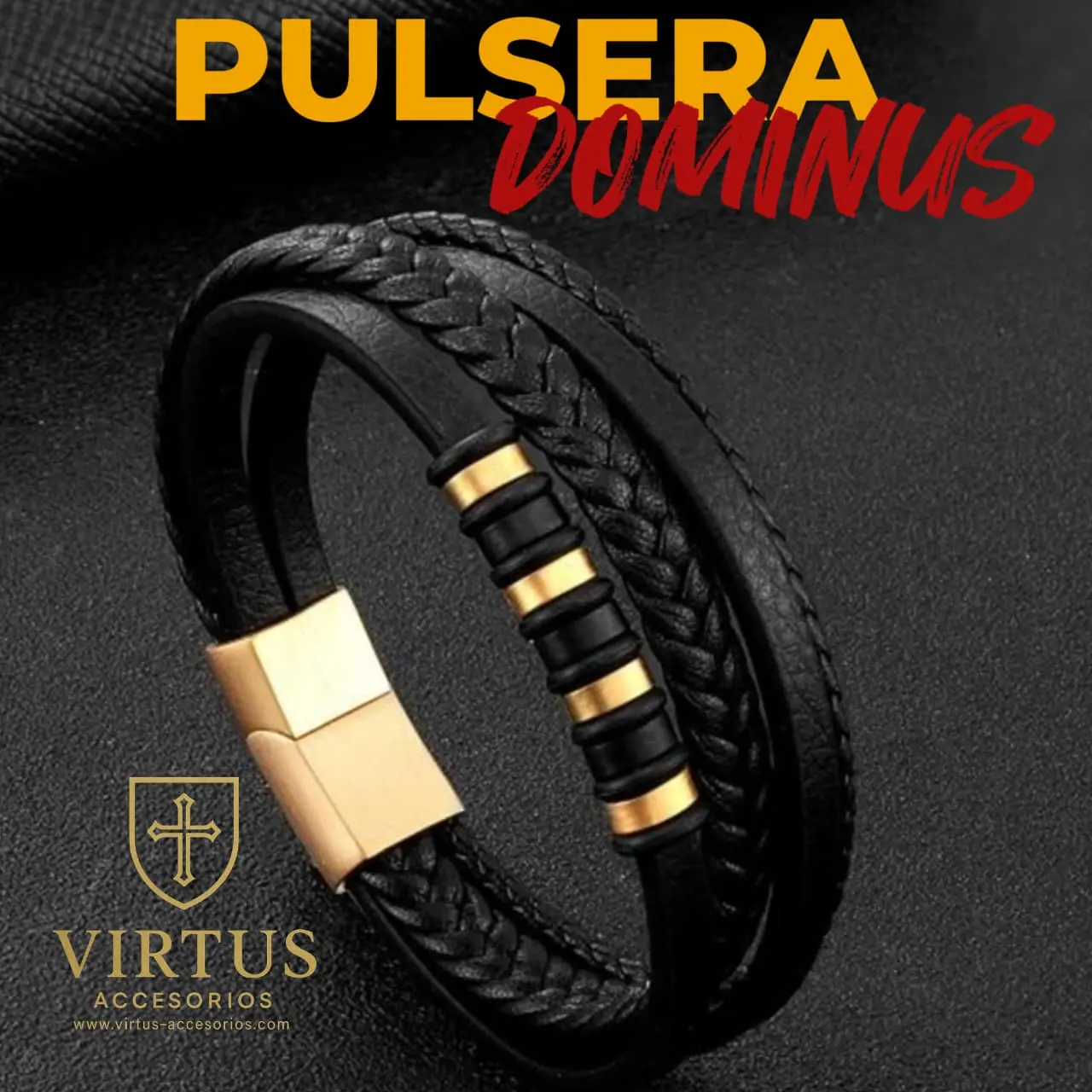 Pulsera de cuero negro trenzado y liso con detalles en acero dorado y cierre imantado, modelo Dominus, sobre fondo oscuro texturizado.