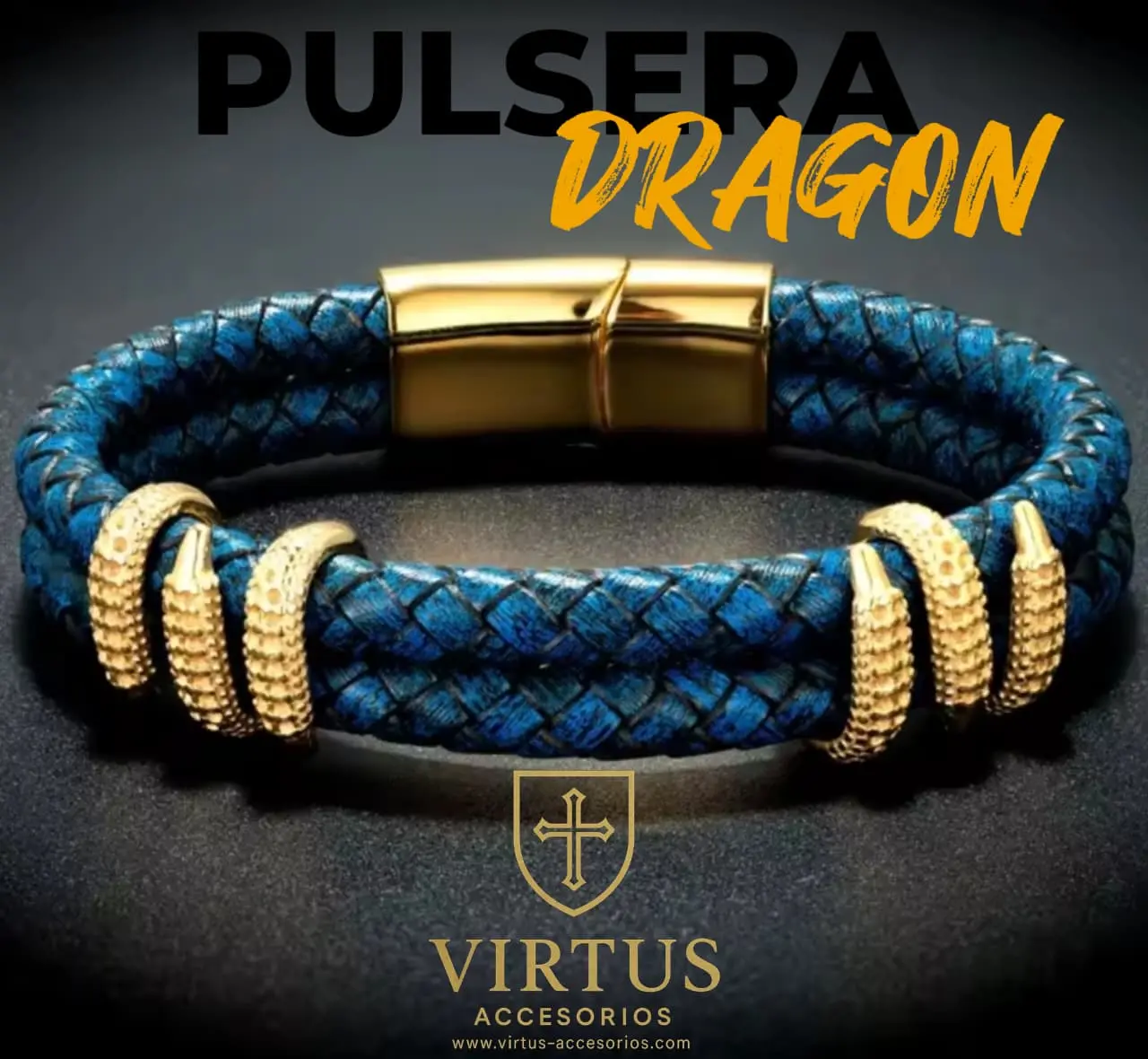 Pulsera Dragon de cuero azul trenzado con detalles de cabezas de dragón doradas y cierre imantado de acero inoxidable.