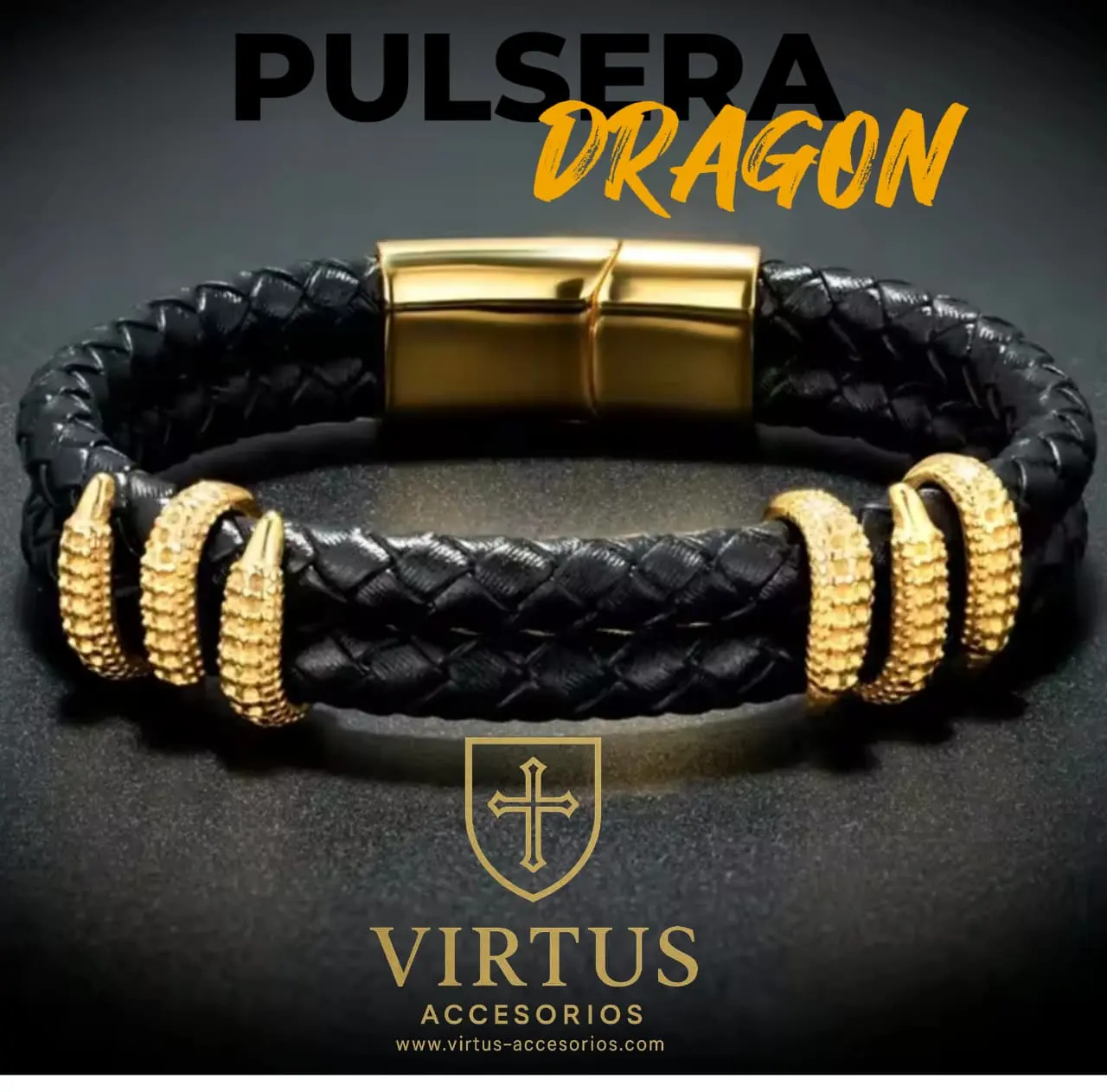 Pulsera Dragon de cuero negro trenzado con detalles de escamas doradas y cierre imantado de acero en tono oro.