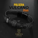 Pulsera Vulcano Black de cuero negro trenzado y acero inoxidable con detalles texturizados y cierre imantado.