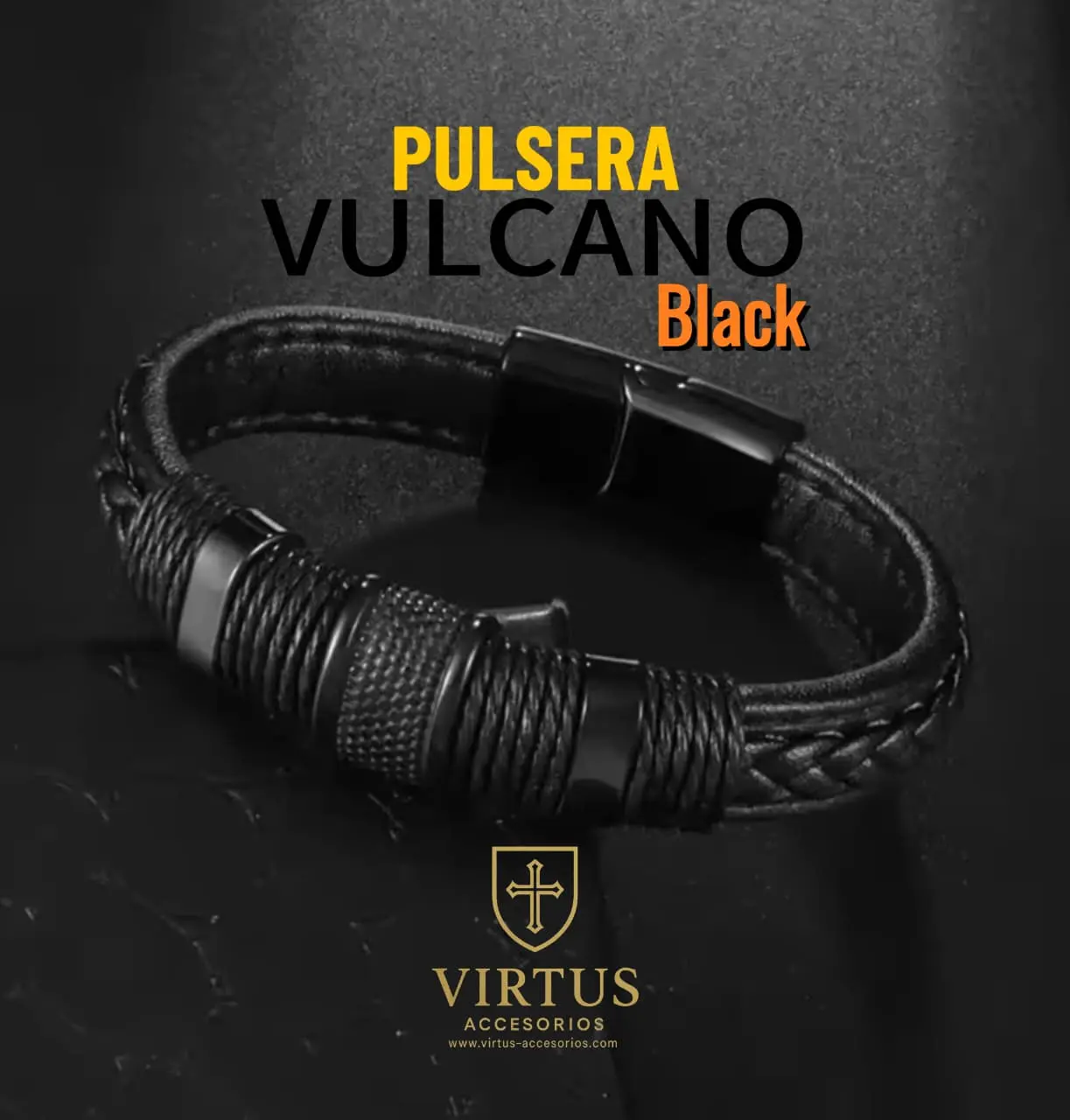 Pulsera Vulcano Black de cuero negro trenzado y acero inoxidable con detalles texturizados y cierre imantado.
