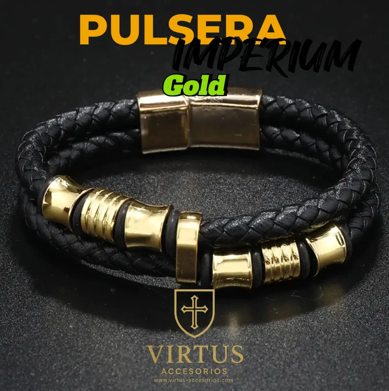 Pulsera de doble cordón en cuero negro trenzado con detalles de acero y cierre imantado dorado.