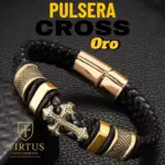 Pulsera de cuero negro trenzado con dije de cruz dorada ornamentada, detalles en acero oro y cierre imantado, modelo Cross Oro.