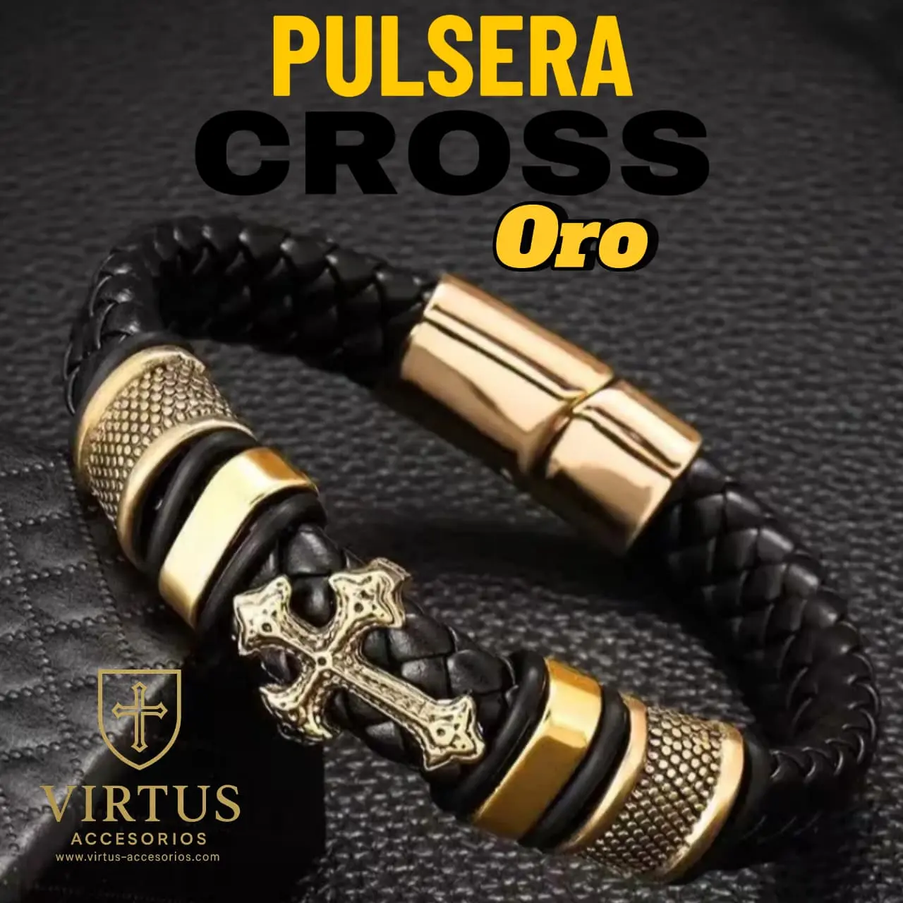 Pulsera de cuero negro trenzado con dije de cruz dorada ornamentada, detalles en acero oro y cierre imantado, modelo Cross Oro.