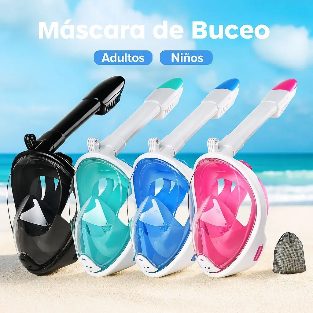 Máscaras de buceo de rostro completo con snorkel para adultos y niños en colores negro, turquesa, azul y rosado sobre arena de playa.