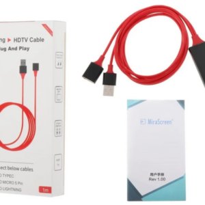Cable HDMI universal 3 en 1 con caja negra, cable rojo de un metro, conector Lightning, manual de usuario y caja de empaque blanca.