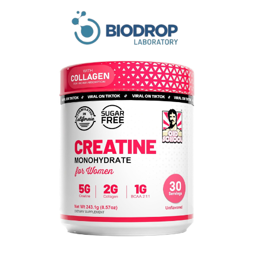 Envase blanco de Creatina Monohidratada para mujer de Biodrop Laboratory con tapa rosa, contiene colágeno y BCAA, 243.1g para 30 porciones.