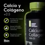 Suplemento dietario Calcium Collagen con D3 de Ilión Athletics en frasco negro. Resalta beneficios para huesos, músculos y salud cardiovascular.