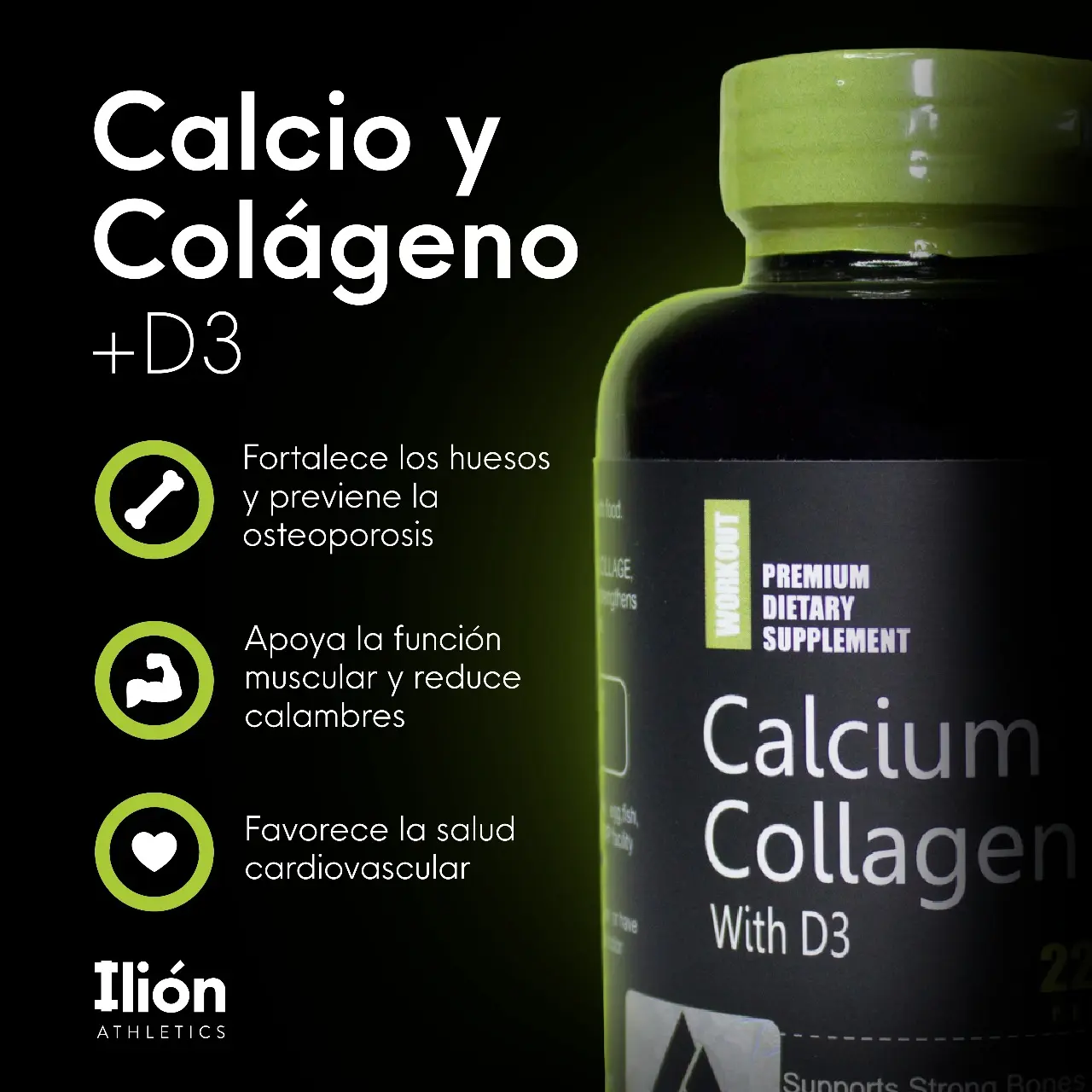 Suplemento dietario Calcium Collagen con D3 de Ilión Athletics en frasco negro. Resalta beneficios para huesos, músculos y salud cardiovascular.