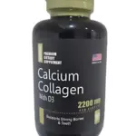 Frasco negro de suplemento Calcium Collagen con D3, 2200 mg por porción para fortalecer huesos y dientes.