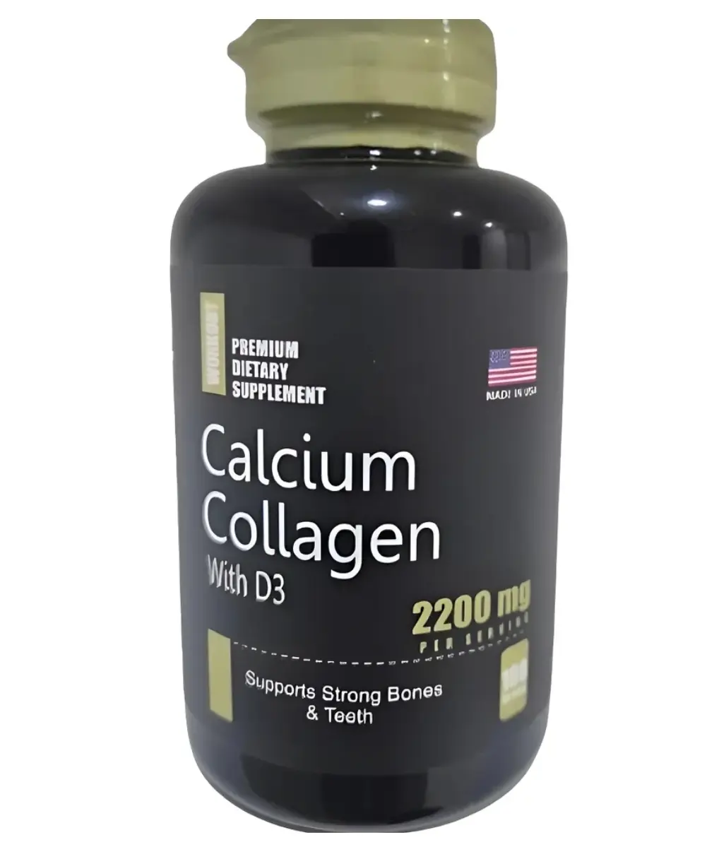 Frasco negro de suplemento Calcium Collagen con D3, 2200 mg por porción para fortalecer huesos y dientes.