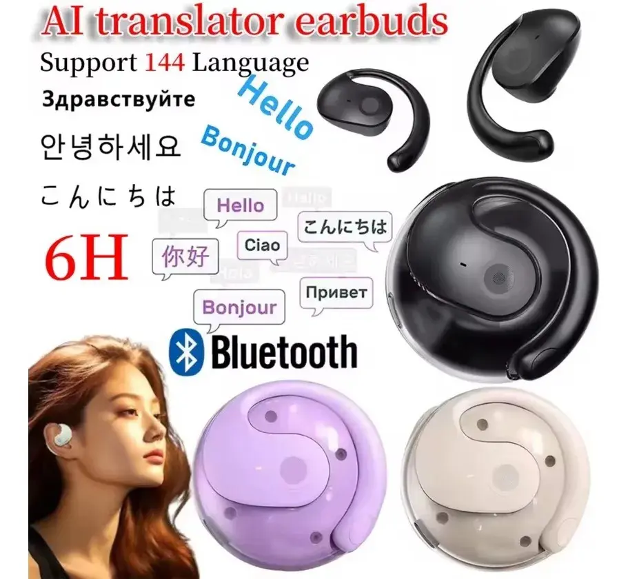 Audífonos inalámbricos traductores con IA en color negro, morado y blanco, diseño ergonómico de gancho, estuche circular y conectividad Bluetooth.
