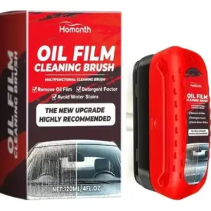 Kit de limpieza de película de aceite Homonth de 120 ml con caja roja y aplicador manual ergonómico en colores rojo y negro.