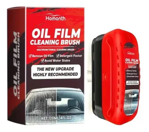 Kit de limpieza de película de aceite Homonth de 120 ml con caja roja y aplicador manual ergonómico en colores rojo y negro.