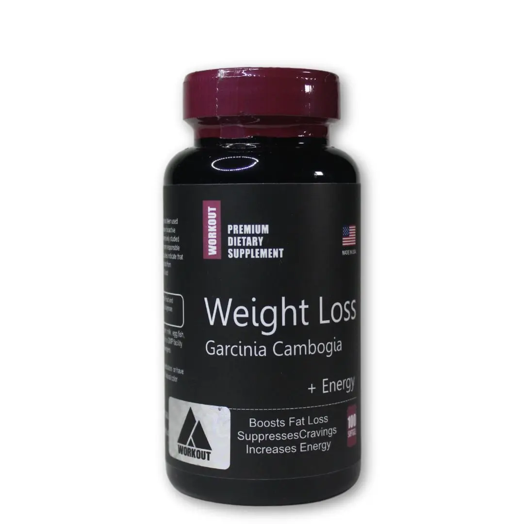 Frasco negro de suplemento dietario Garcinia Cambogia para pérdida de peso y energía, con tapa granate y etiqueta de la marca Workout.