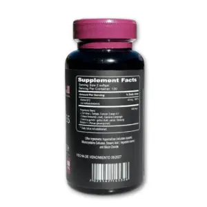 Frasco negro de suplemento dietario con tapa magenta. Etiqueta frontal con tabla nutricional de vitamina D3, L-carnitina y Garcinia Cambogia.