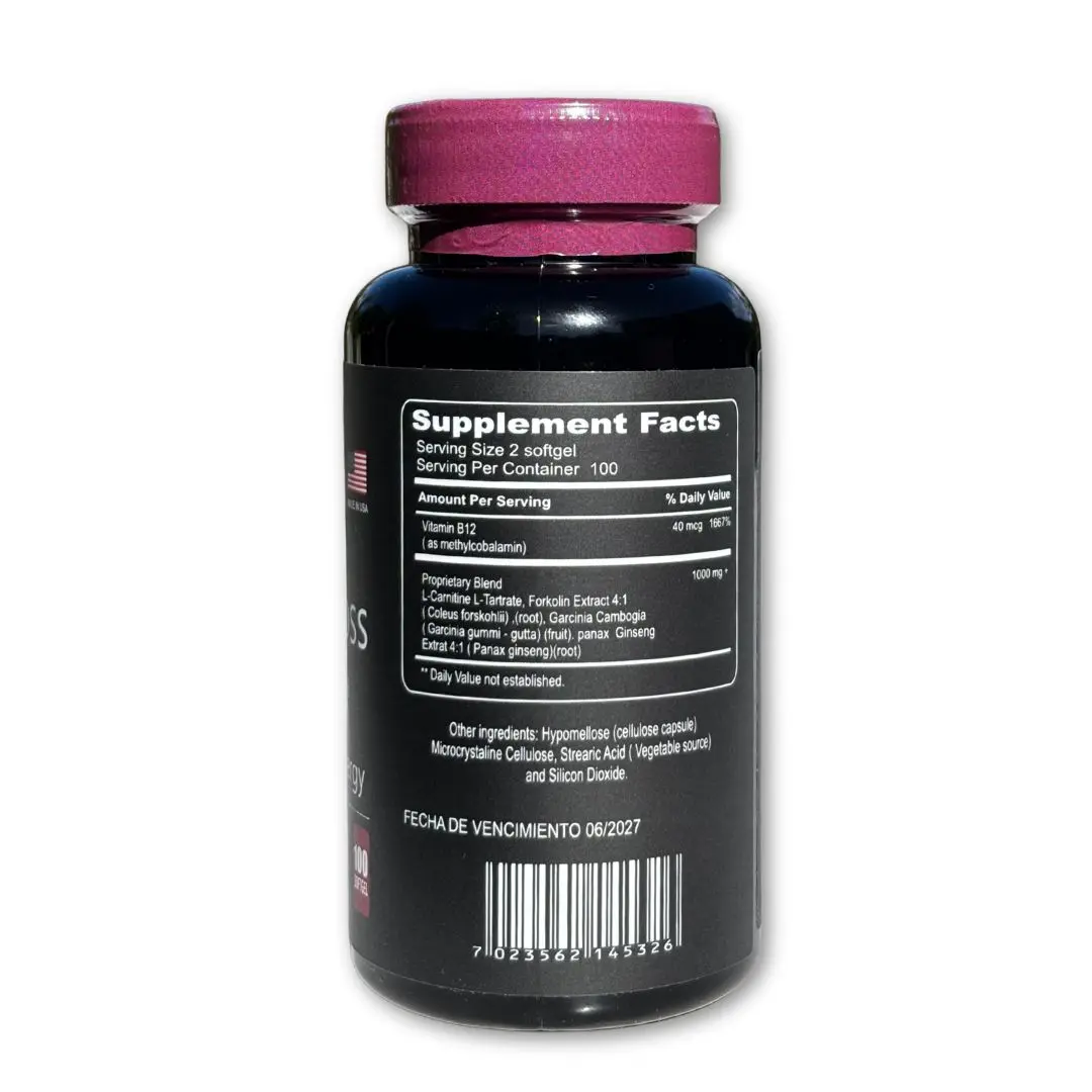 Frasco negro de suplemento dietario con tapa magenta. Etiqueta frontal con tabla nutricional de vitamina D3, L-carnitina y Garcinia Cambogia.
