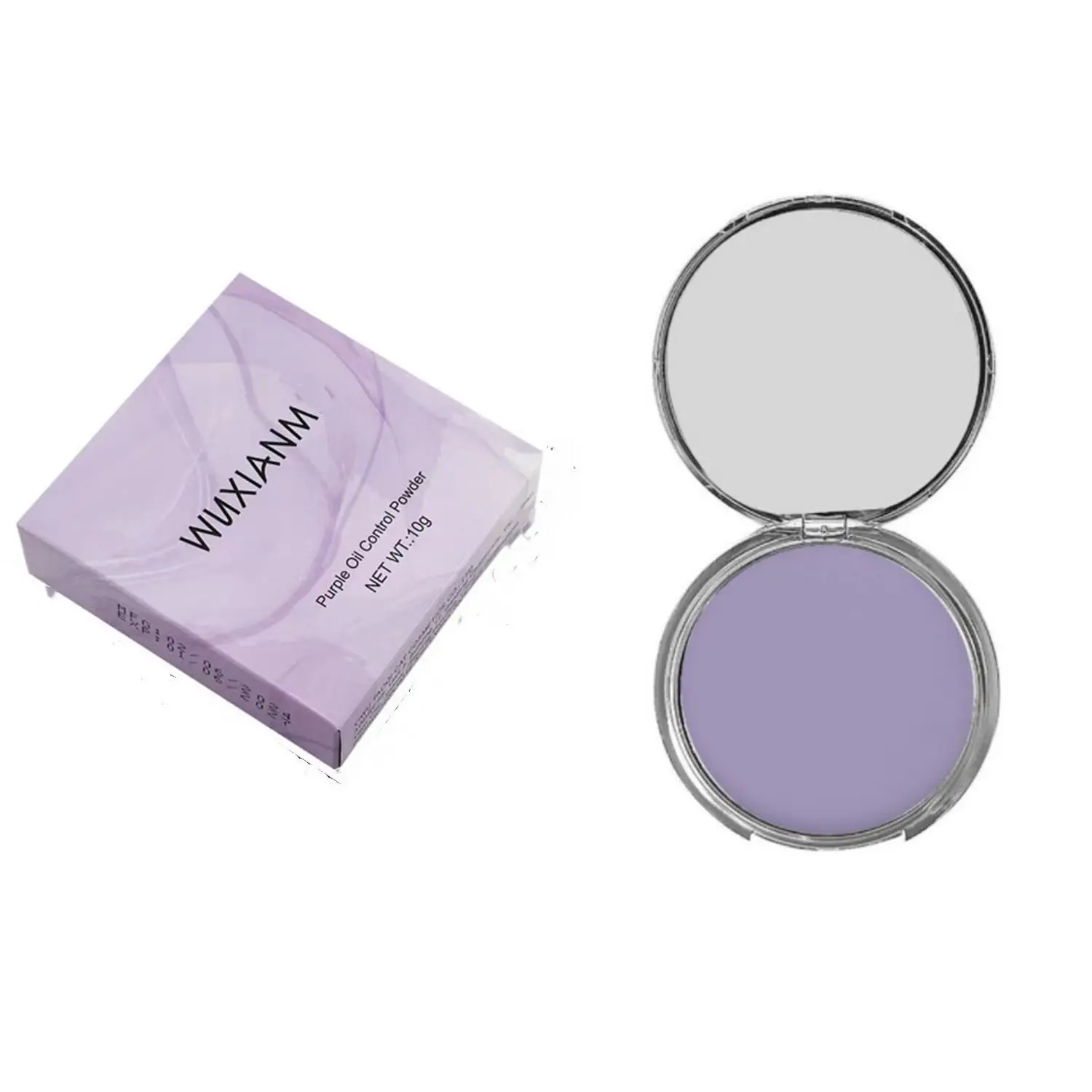 Caja morada con textura de mármol y estuche de polvo matificante compacto color lavanda abierto con espejo, contenido neto 10g.