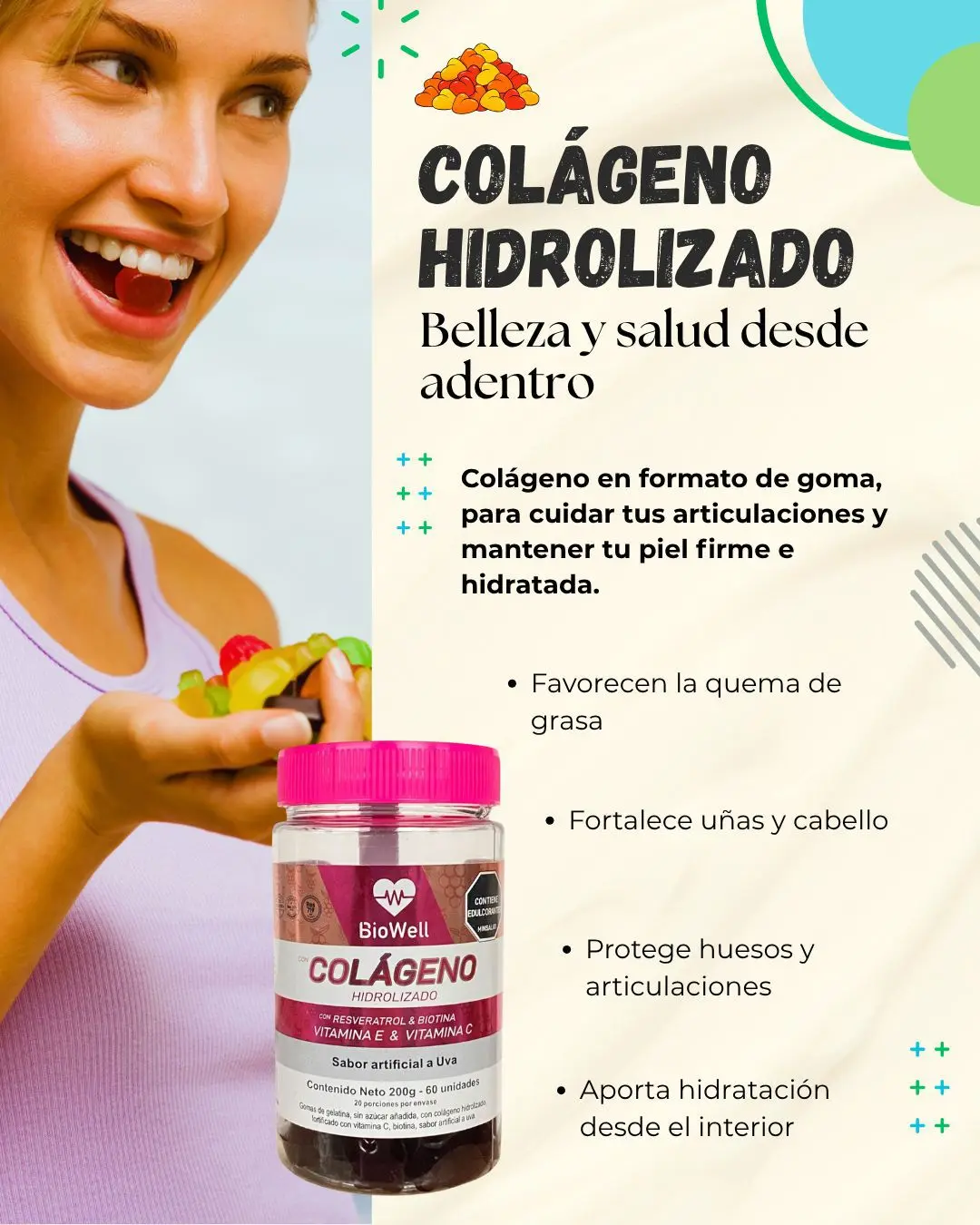 Gomas de Colágeno Hidrolizado BioWell sabor uva para piel y articulaciones - mejoran la elasticidad y fortalecen cabello y uñas