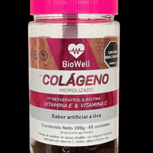 Frasco transparente con tapa rosa que contiene 60 gomas de colágeno hidrolizado BioWell sabor uva, con biotina y vitaminas, neto 200g.