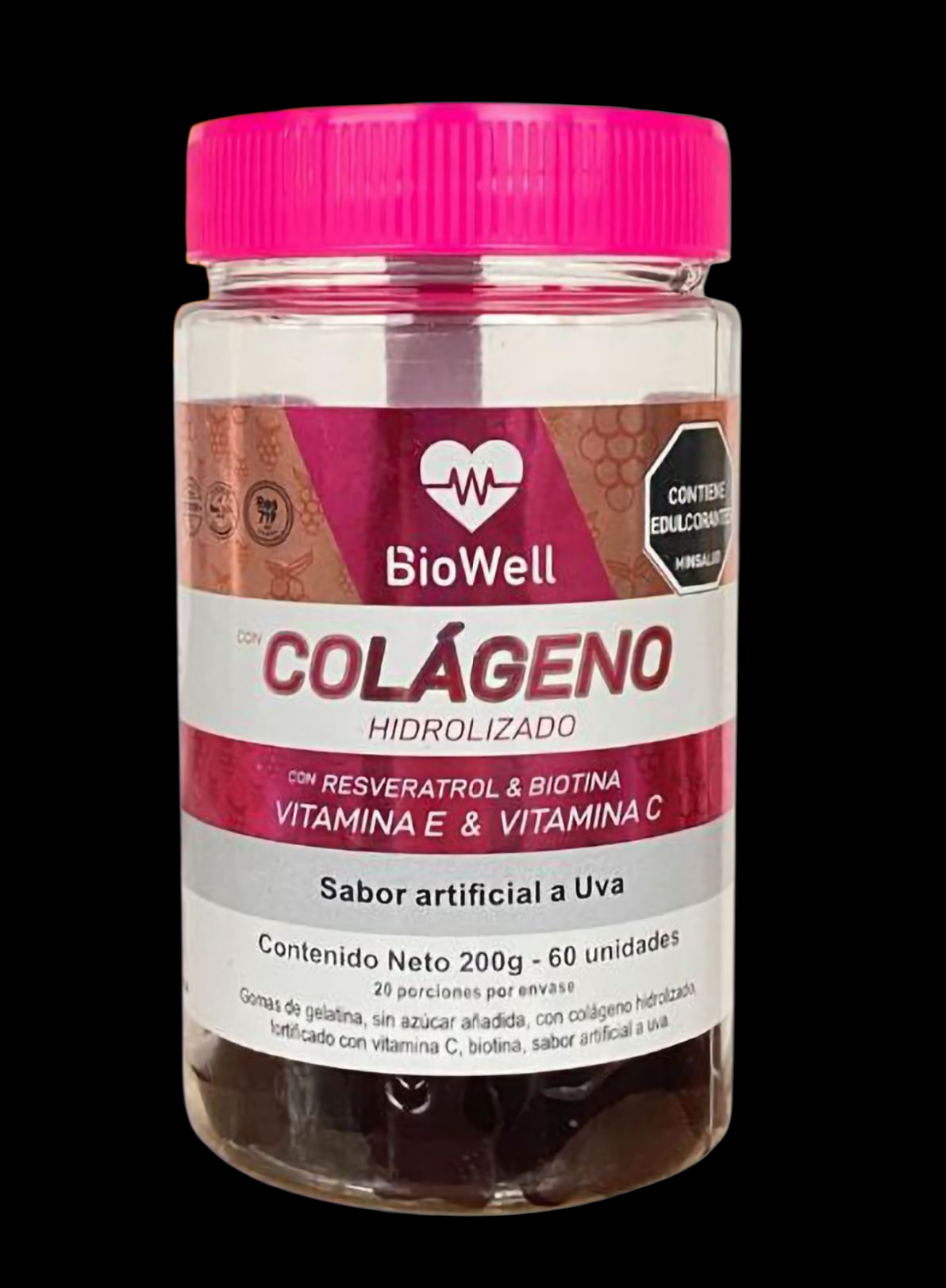 Gomas de Colágeno Hidrolizado BioWell sabor uva para piel y articulaciones - mejoran la elasticidad y fortalecen cabello y uñas