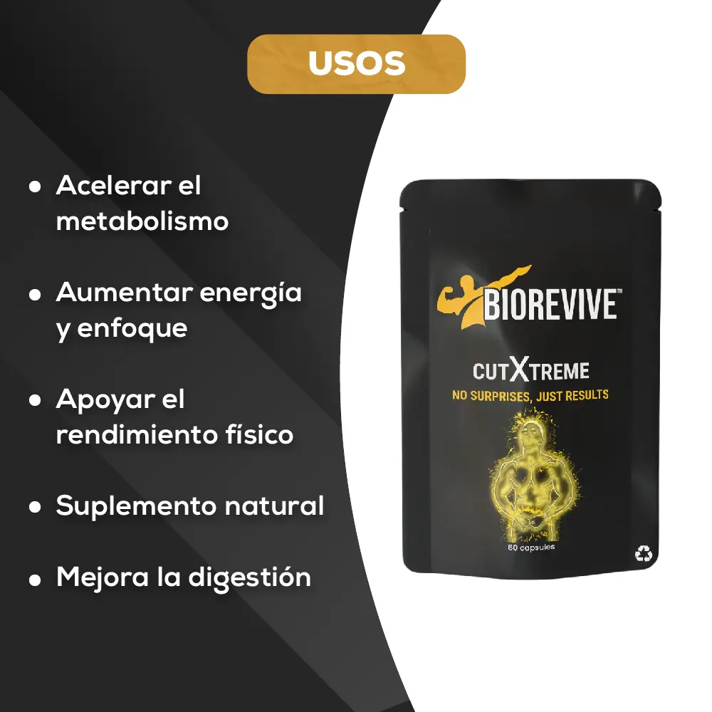 Empaque negro de suplemento quemagrasa Cutxtreme Biorevive. Beneficios: acelera el metabolismo, aumenta energía y mejora la digestión.