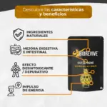 Bolsa negra mate de suplemento quemagrasa en cápsulas con texto blanco y amarillo, acompañada de iconos explicativos de sus beneficios naturales y digestivos.
