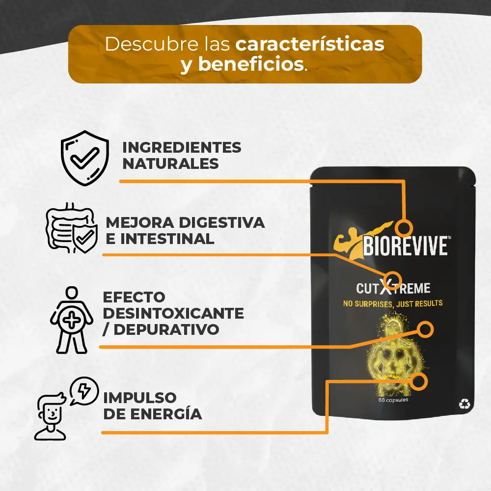Bolsa negra mate de suplemento quemagrasa en cápsulas con texto blanco y amarillo, acompañada de iconos explicativos de sus beneficios naturales y digestivos.