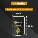 Empaque de suplemento Cutxtreme Biorevive en negro y dorado, con dimensiones de 15x20 cm y uso de 2 cápsulas al día.