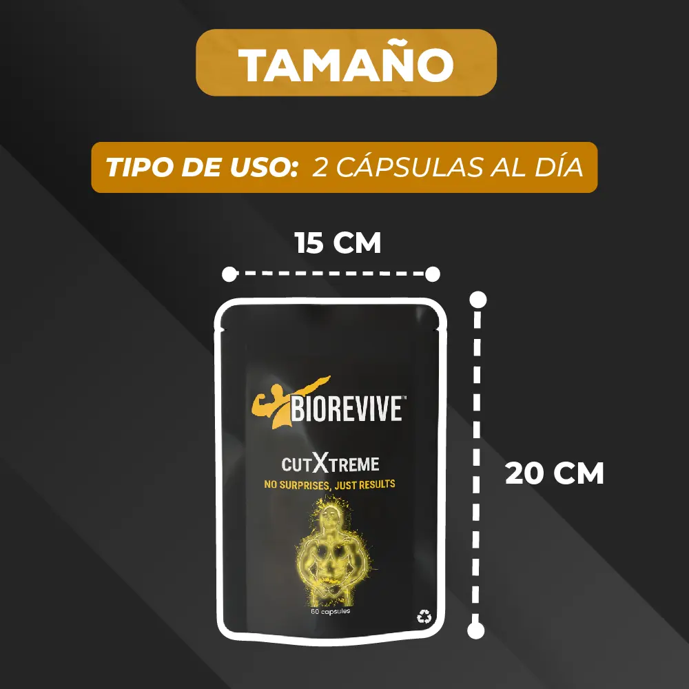 Empaque de suplemento Cutxtreme Biorevive en negro y dorado, con dimensiones de 15x20 cm y uso de 2 cápsulas al día.