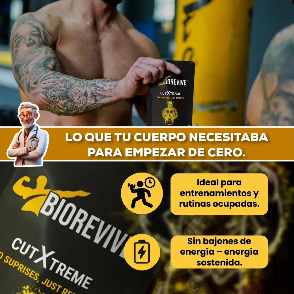 Hombre musculoso sosteniendo sobre un fondo amarillo un empaque negro de suplemento Biorevive Cutxtreme con dos beneficios destacados.