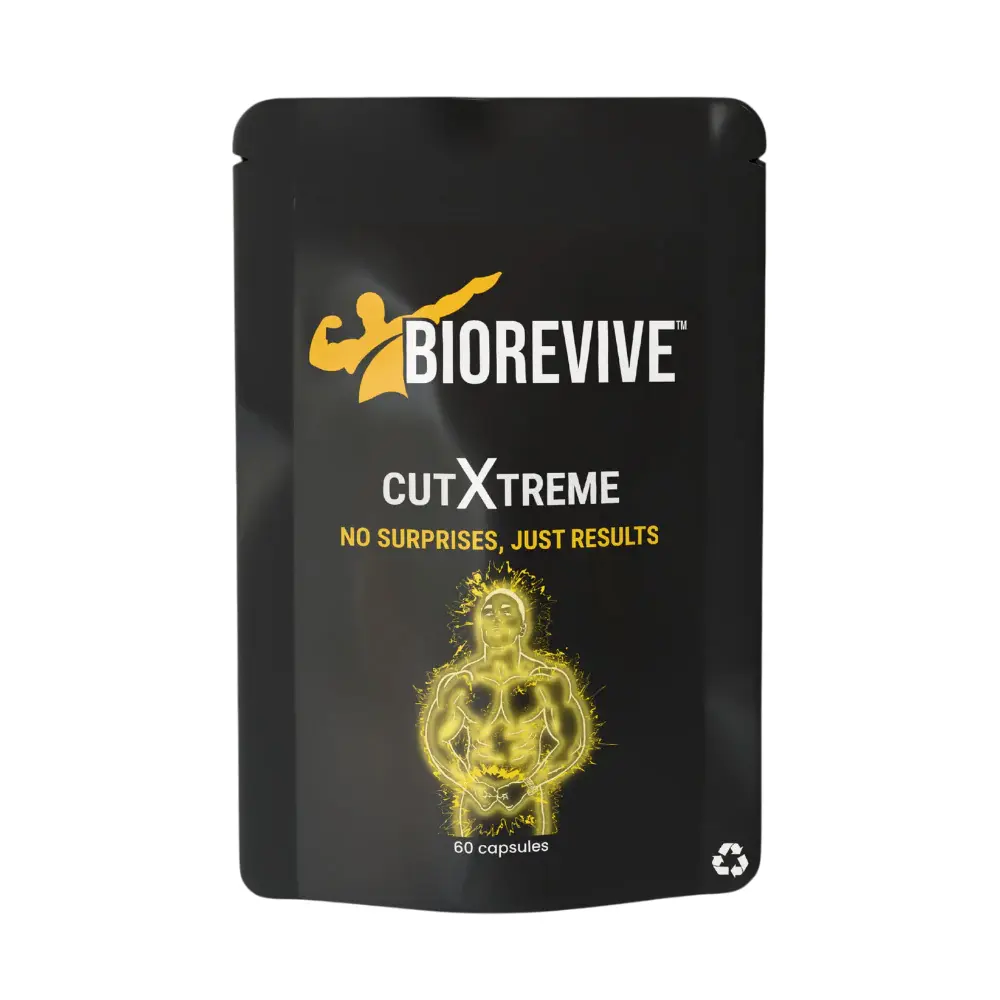 Empaque negro de suplemento quemagrasa Cutxtreme Biorevive con diseño dorado y blanco, silueta muscular y 60 cápsulas.