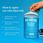 Guía de apertura del nuevo envase azul de colágeno Vital Proteins sin sabor de 680g, con pasos numerados y una mano levantando la tapa abatible.