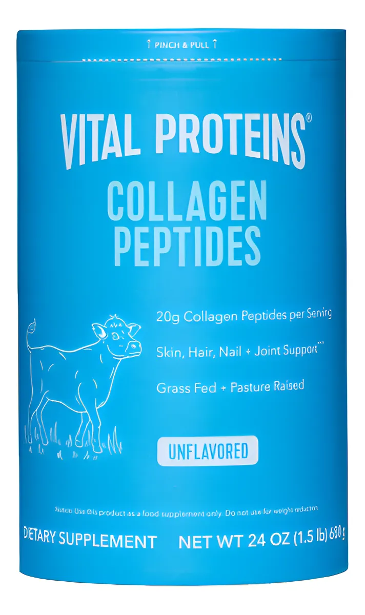 Envase azul de péptidos de colágeno Vital Proteins sin sabor de 680 g para el cuidado de la piel, cabello, uñas y articulaciones.