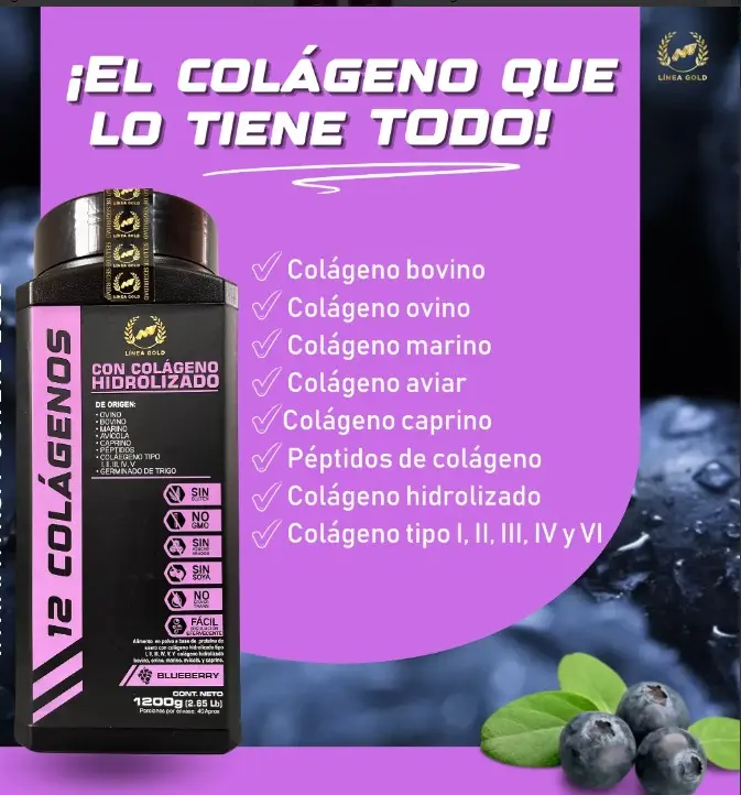 Colágeno Hidrolizado en Polvo 1200g con 12 Fuentes y Proteína Sabor Mora Azul - Fortalece tu piel cabello y articulaciones diariamente