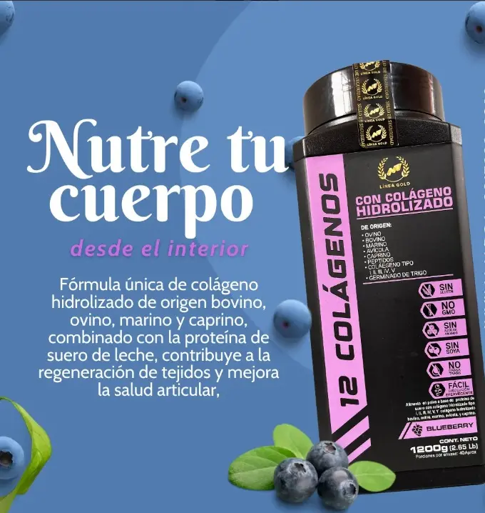 Colágeno Hidrolizado en Polvo 1200g con 12 Fuentes y Proteína Sabor Mora Azul - Fortalece tu piel cabello y articulaciones diariamente