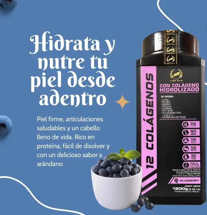 Colágeno Hidrolizado en Polvo 1200g con 12 Fuentes y Proteína Sabor Mora Azul - Fortalece tu piel cabello y articulaciones diariamente