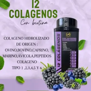 Colágeno hidrolizado con biotina y 12 fuentes en frasco negro con etiqueta morada, rodeado de moras y arándanos sobre fondo lila.