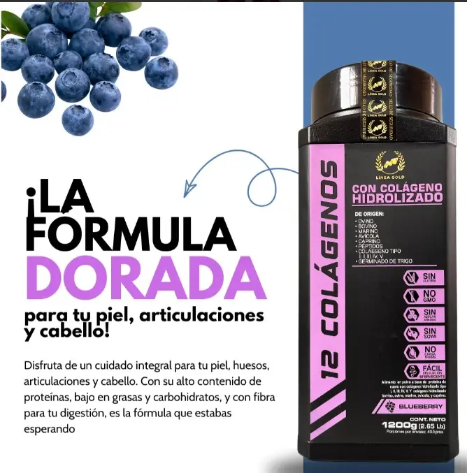 Colágeno Hidrolizado en Polvo 1200g con 12 Fuentes y Proteína Sabor Mora Azul - Fortalece tu piel cabello y articulaciones diariamente
