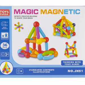 Caja de juego didáctico de 36 piezas magnéticas coloridas con barras y esferas para armar figuras geométricas tridimensionales variadas.
