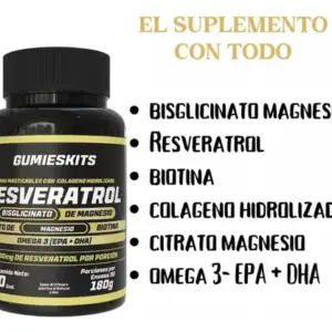 Frasco negro de gomitas de resveratrol con bisglicinato y citrato de magnesio, biotina, colágeno hidrolizado y omega 3, contenido de 180 gramos.