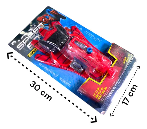 Empaque de juguete lanzador de agua de Spiderman con guante rojo, dimensiones de 30 por 17 centímetros, ideal para cosplay y juegos infantiles.
