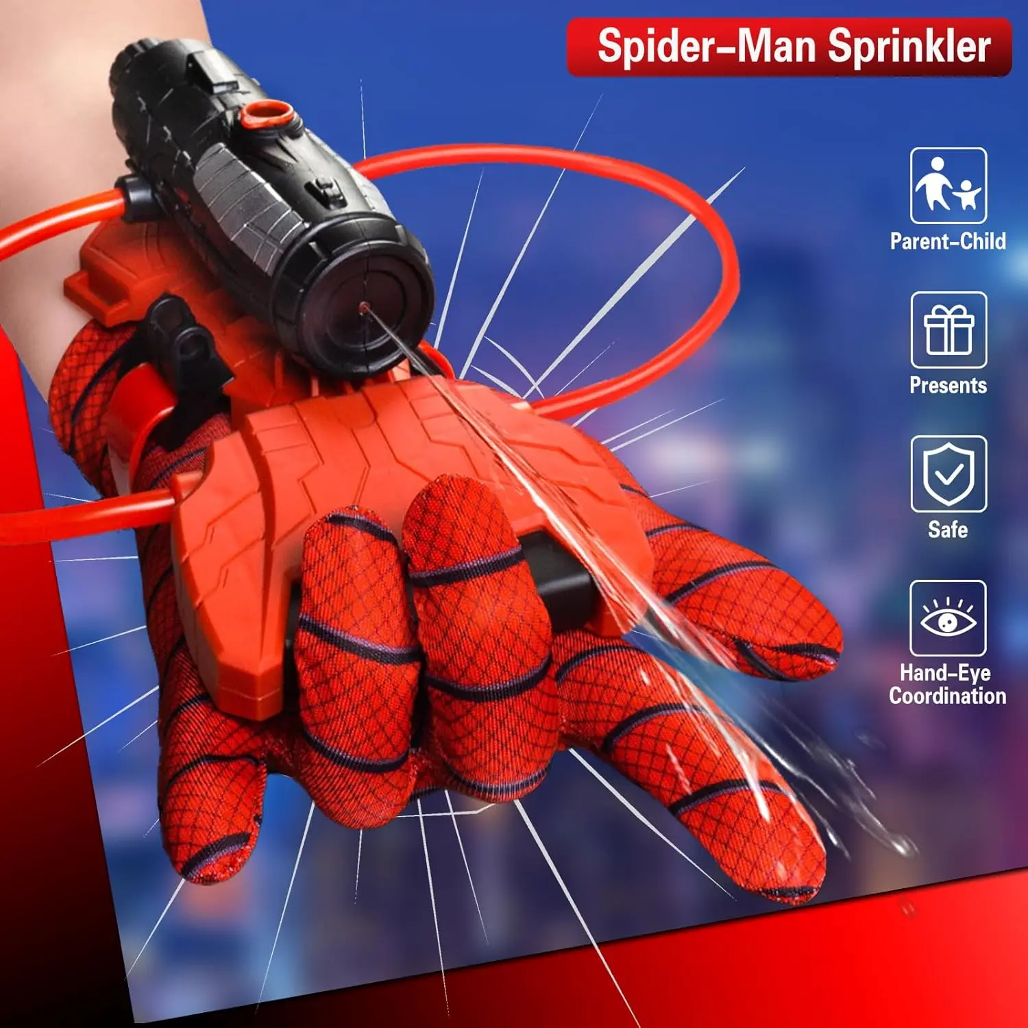 Guante rojo con patrón de telaraña y lanzador de agua negro con manguera roja, mostrando el chorro de agua en acción para juegos de piscina.