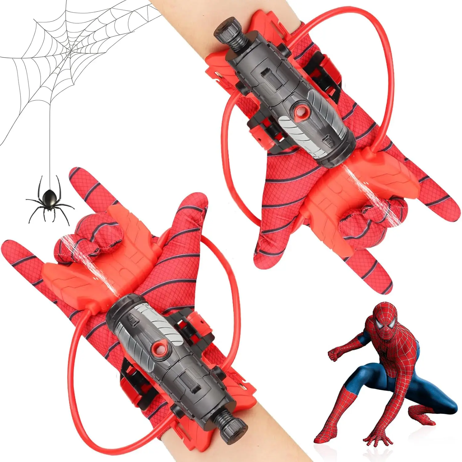 Guante rojo de Spiderman con lanzador negro en el antebrazo y manguera flexible, ideal para juegos de rol y piscina al aire libre.