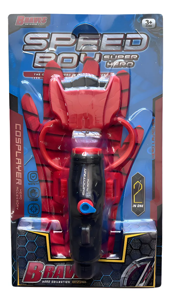 Guante rojo con patrón de telaraña y lanzador de agua negro con gatillo azul, en empaque de juguete de superhéroe para niños y cosplay.