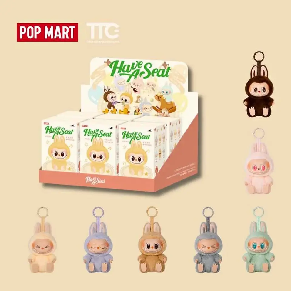 Set de cajas sorpresa Pop Mart Have A Seat con siete llaveros de peluche Labubu Macaron en colores pastel: rosa, lila, café, gris y menta.