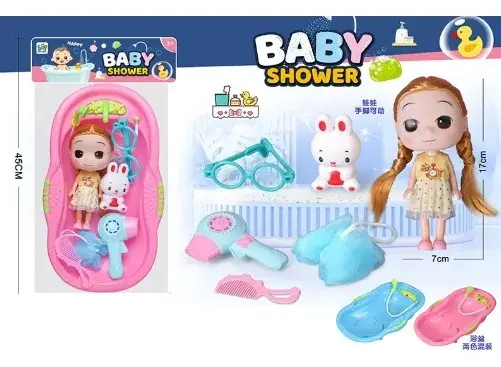 Set de muñeca de 17 cm con bañera rosa de 45 cm, incluye conejito de juguete, secador, gafas de baño y accesorios de aseo.